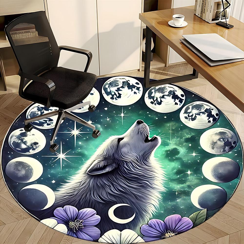1pc Moon Wolf Office Round Area Rug, Under Office Chairs Bedroom Living Room Home Decor, Room Deco