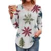 Women's Fashion Casual Christmas Tree Print V-Neck Decorative Button Long Sleeve T-Shirt Top