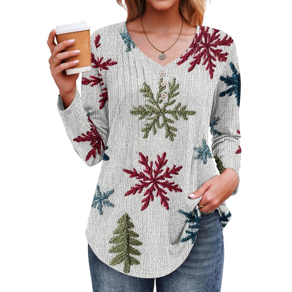 Women's Fashion Casual Christmas Tree Print V-Neck Decorative Button Long Sleeve T-Shirt Top