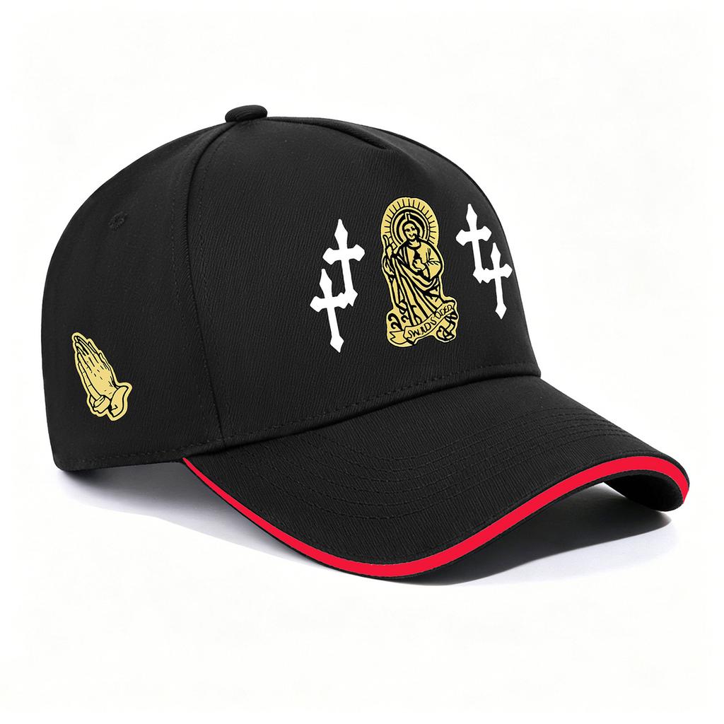Cross And Prayer Hands Fashion Trendy Baseball Cap, Unisex Outdoor Sports Adjustable Trucker Cap, Lightweight Comfortable Casual Dad Hat