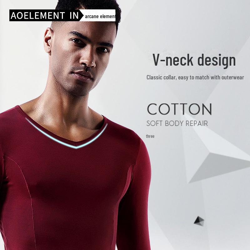 Комплект мужского хлопкового термобелья для молодежи – тонкий, облегающий, с V-образным вырезом, низким воротником, осенняя рубашка и брюки.