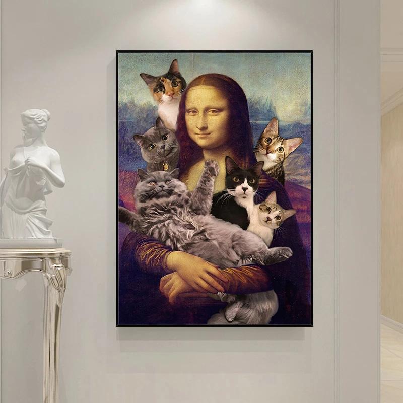 Mona Lisa and Cute Cats, a Funny Canvas Painting, Prints, Poster, Classical Famous Painting, Wall Painting, Home Decor In the Living Room, Gift
