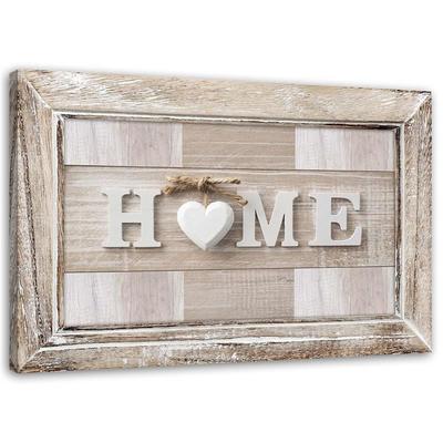 Печать на холсте, надпись Home из светлого дерева в рамке.
