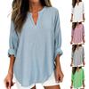 Women's Cotton Linen Solid Color Long Sleeve Shirt V-Neck Loose Blouse Pullover Top