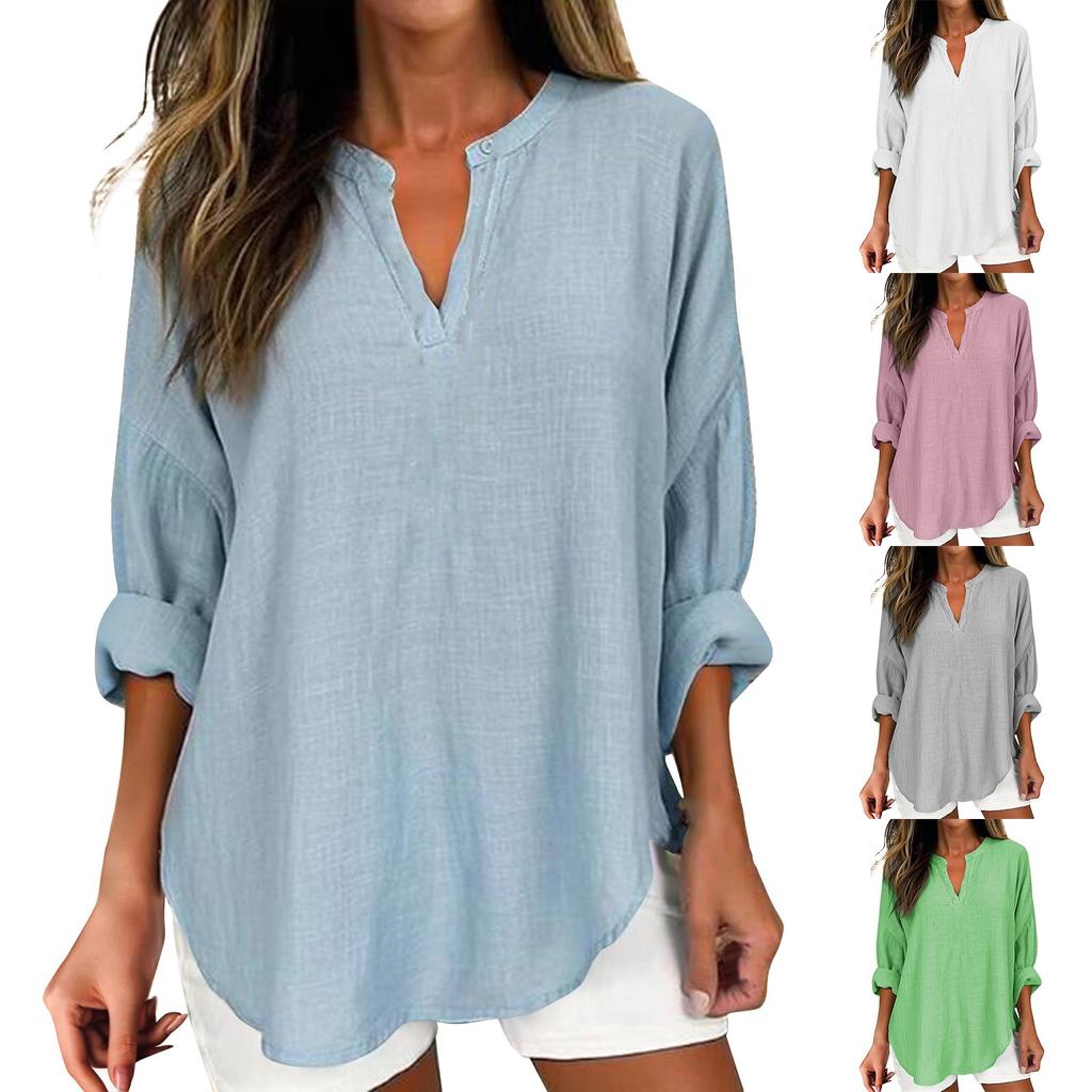 Women's Cotton Linen Solid Color Long Sleeve Shirt V-Neck Loose Blouse Pullover Top