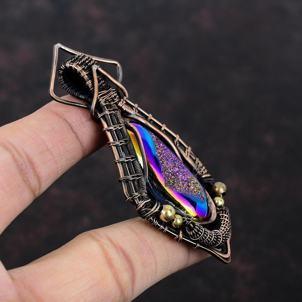 Подвеска из титановой друзы, подвеска из медной проволоки, подвеска из настоящего драгоценного камня, уникальное ювелирное изделие, подвеска ручной работы из медной проволоки, подарок для нее