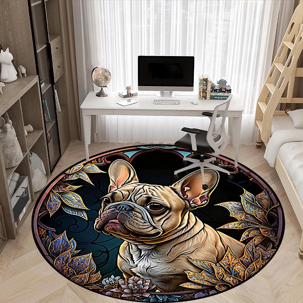 1PC Stained Glass Bulldog Office Round Area Rug,  Mat Suitable ForOffice, Under Office Chairs Bedroom Living Room Home Decor, Room Deco