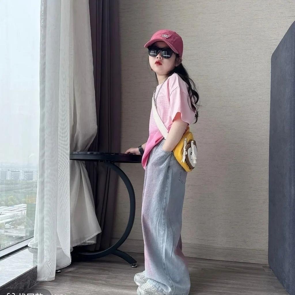 Летний комплект для девочек, тай-дай, с коротким рукавом, украшенный стразами, облегающие и широкие джинсы, модный и повседневный комплект из двух предметов, модный