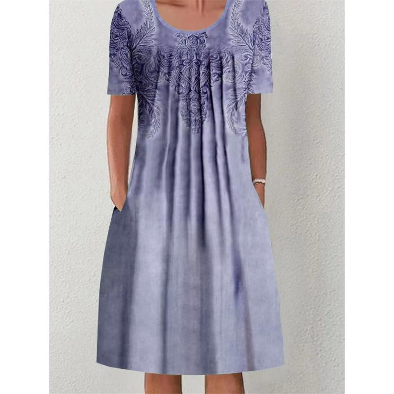 Женская мода лето весна цветочный узор принт короткий рукав О-образный вырез свободная талия повседневные платья