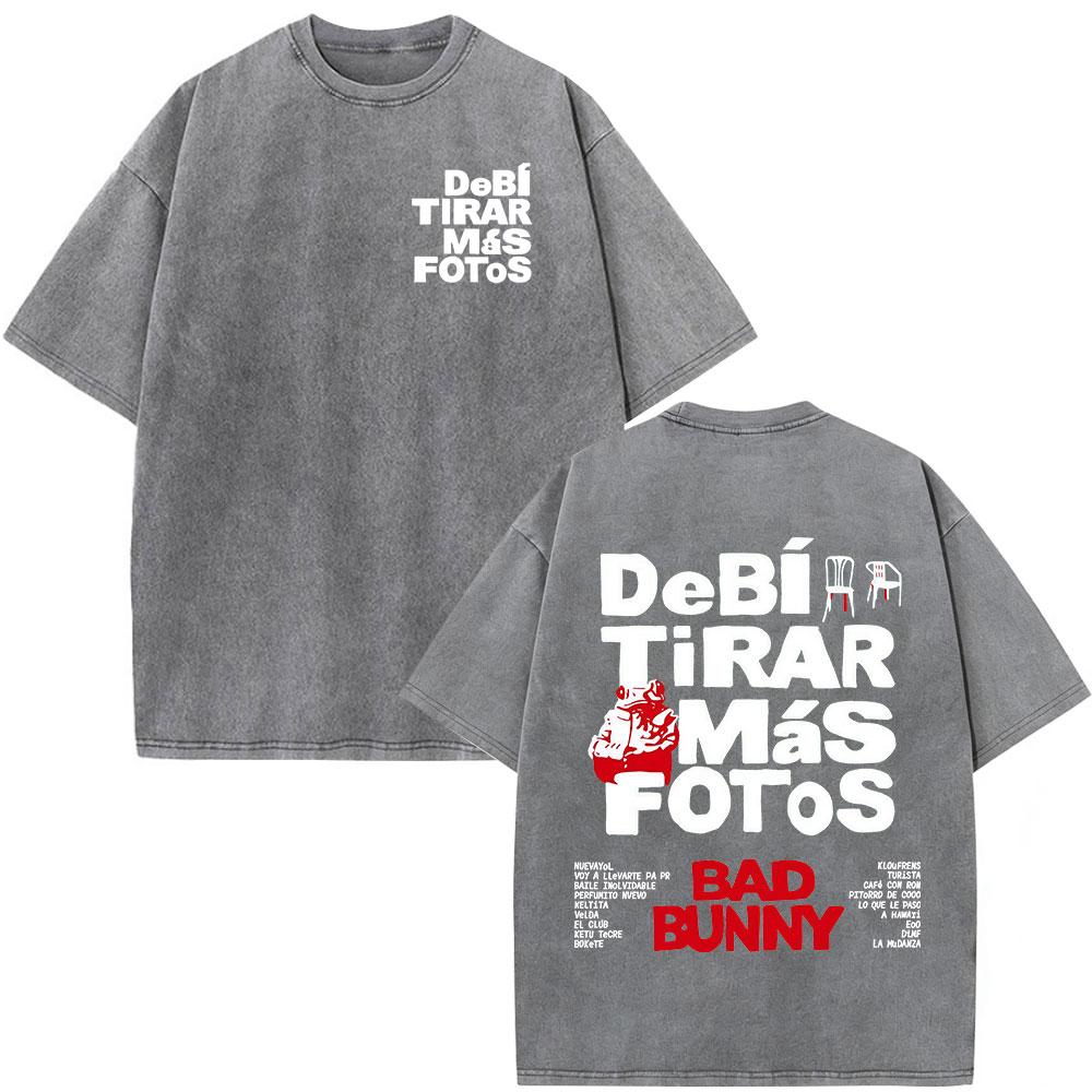Rapper Bad Bunny Vintage Washed T Shirts Debi Tirar Mas Fotos DTMF Album Tshirts Mens Clothing Fashion Hip Hop Cotton Tshirt