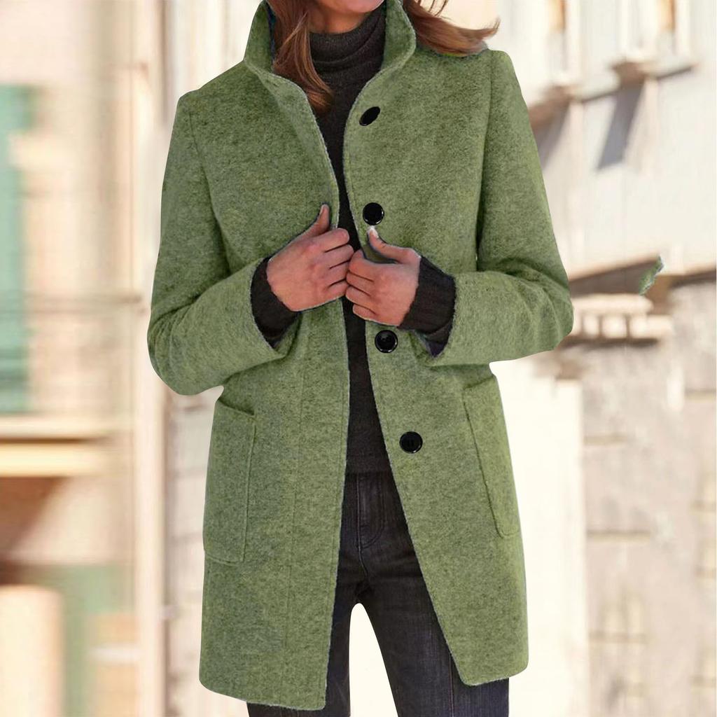 Women's Casual Coat Solid Color Long Sleeved Button Up Collar Pocket Woolen Jacket