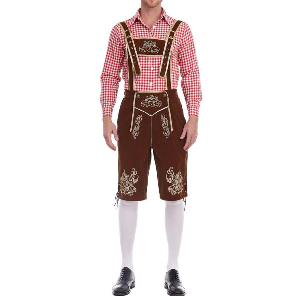 Men's Traditional Bavarian Outfit Lederhosen Set with Embroidered Suspenders and Checkered Shirt Suitable for Oktoberfest Costume Party