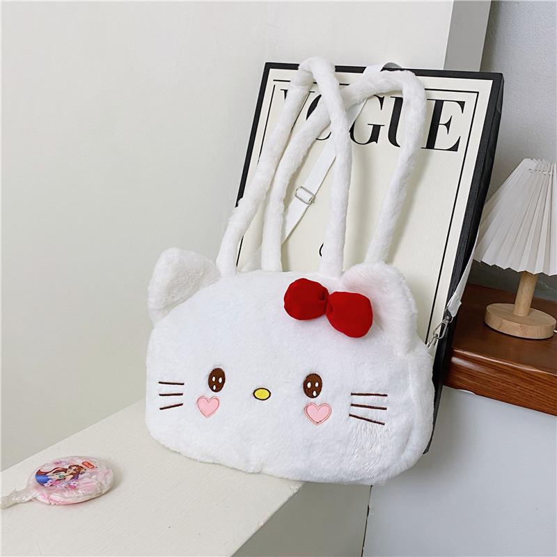 Hello Kitty Plush Tote Bag With Zipper Closure For Daily Casual Wear