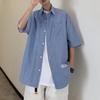 Summer Men Shirt Button-down Lapel Collar Striped Cardigan Short Sleeves Cardigan Loose Mid Length Casual Daily Wear Office Business Top