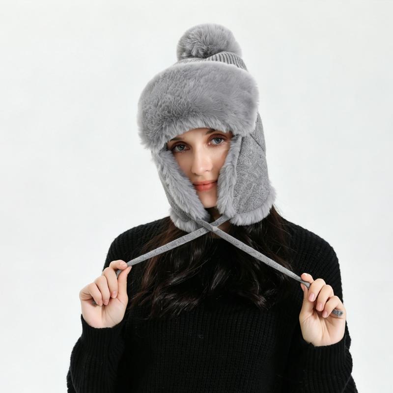 Zeyu Unisex Winter Faux Fur Trapper Hat Warm Fluffy Breathable Knitted Earflap Pom Pom Windproof Cold Weather Sports Travel ODM