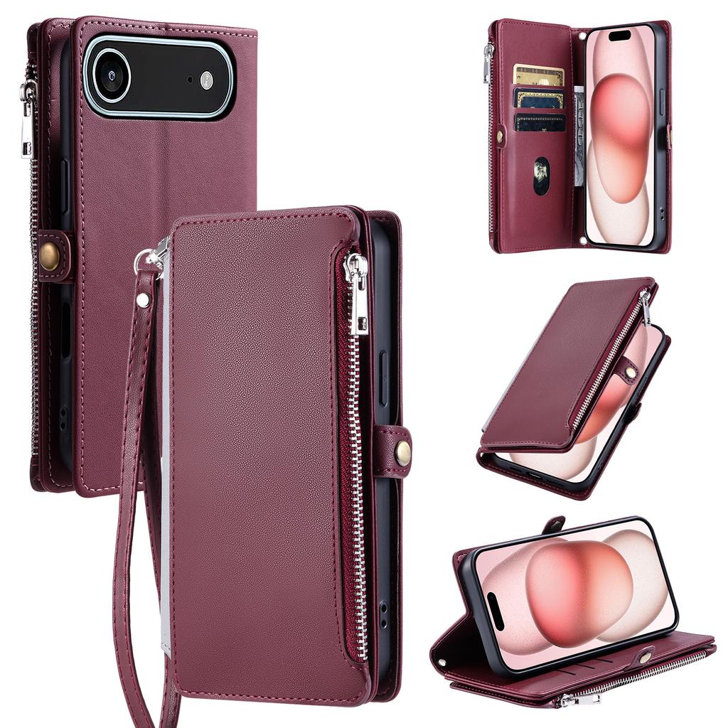 For iPhone 17 Air Case TPU+PU Leather Wallet Phone Cover with Wrist Strap