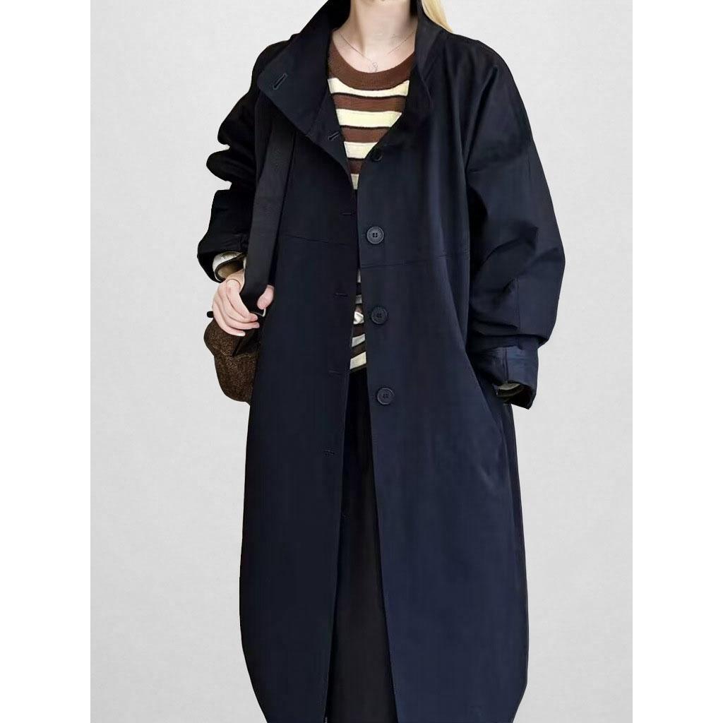 Женская темно-синяя ветровка большого размера с длинным элегантным воротником-стойкой и длинным рукавом, модная весна-осень