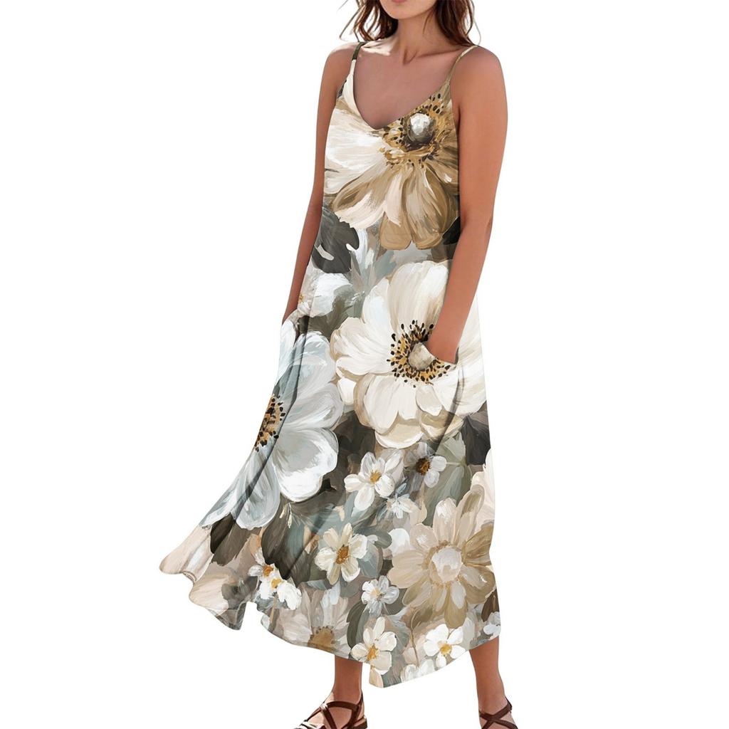 Women's Casual Tie-Dye Floral Print Sleeveless Pocket Dress