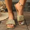Модные женские тапочки с квадратным носком на плоской подошве, пляжные сандалии, женские повседневные шлепанцы, женская плетеная обувь, женские шлепанцы, модные тапочки
