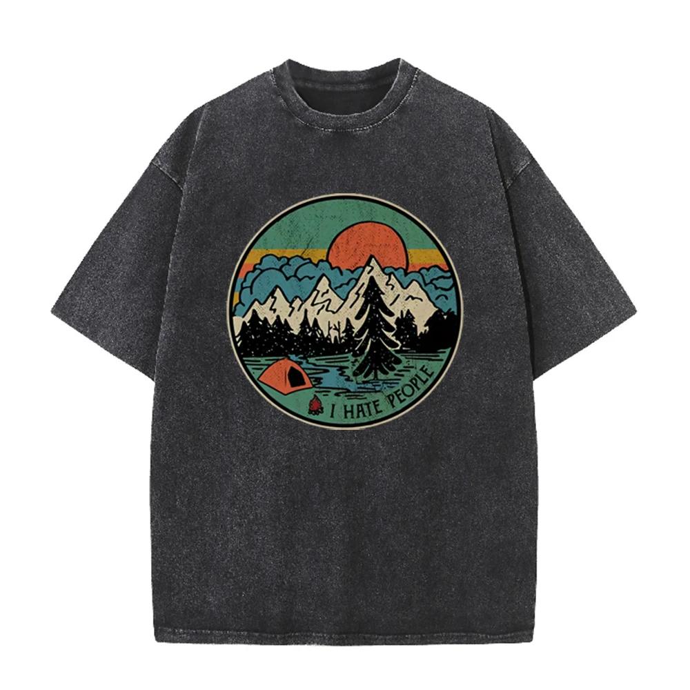 2026 Vintage Round Mountain Camping Tent Sunset Graphic Beige Washed T Shirt Retro Outdoor Forest Funny Slogan Oversized Unisex