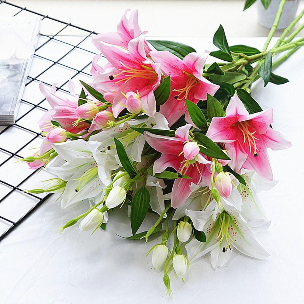 Garden 6 Heads Floral Real Looking Wedding Artificial Flower Faux Lilies Bouquet Branch Fake Plant