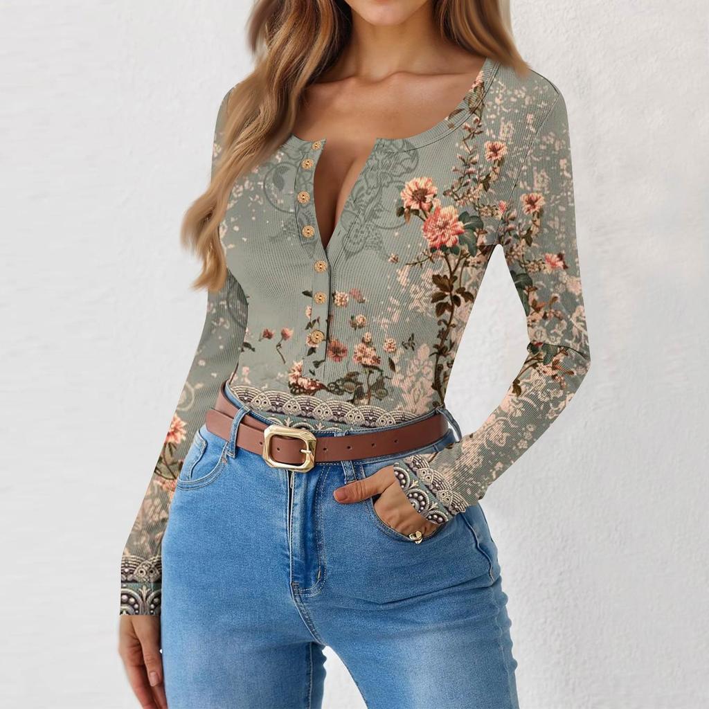 Women's Slim Bottom T-shirt Fashion Casual Gradient Printing Round Neck Pullover Long Sleeve Top