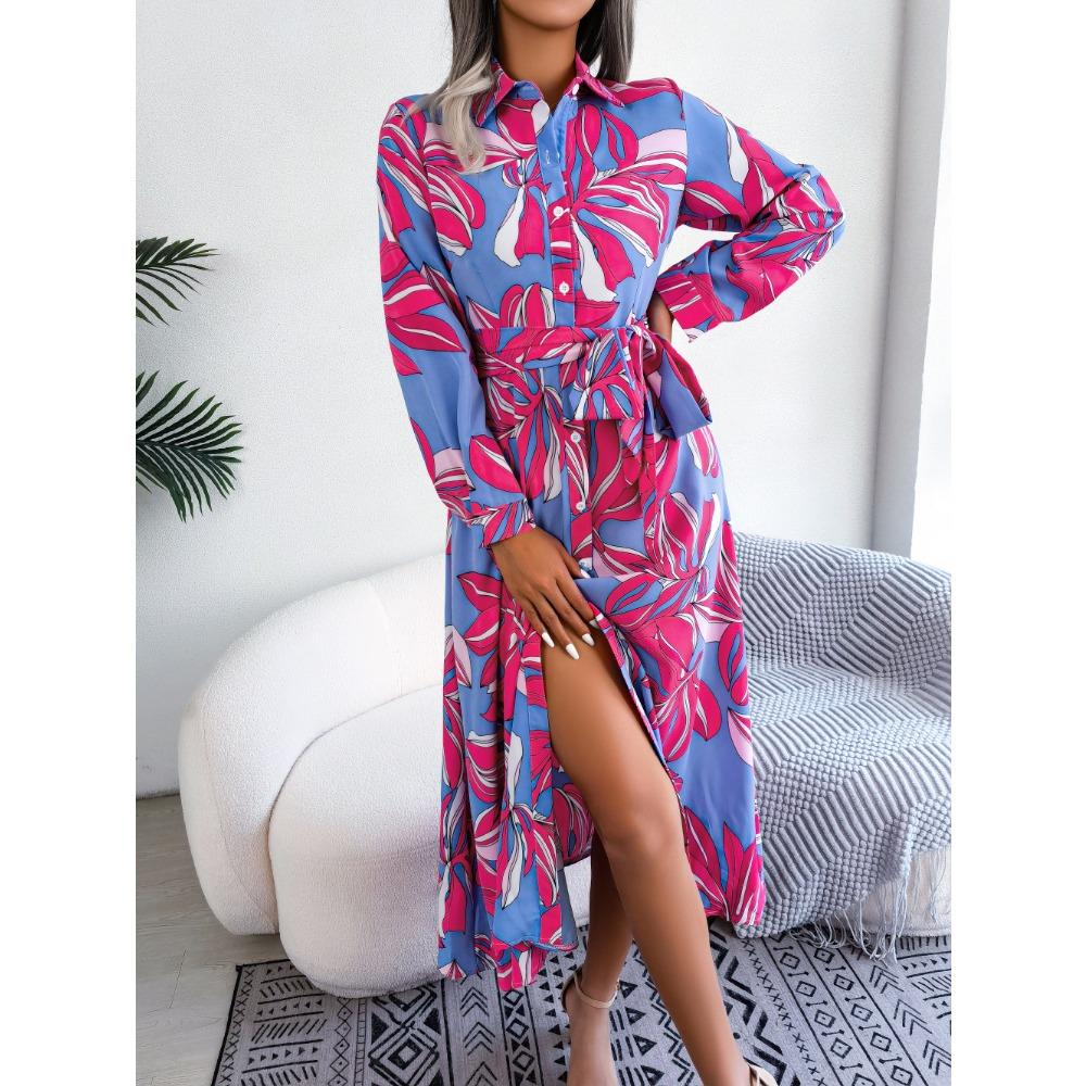 Spring and Summer European and American Contrasting Color Flower Lapel Lace-up Shirt Dress Long Skirt