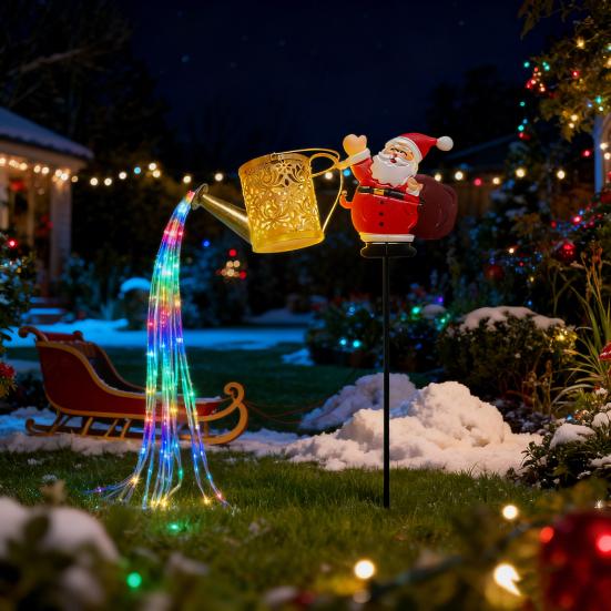Solar Lights Outdoor Santa Watering Can Kettle Lights LED Fairy Lights Waterproof Metal Garden Lantern for Yard Patio Lawn Pathway