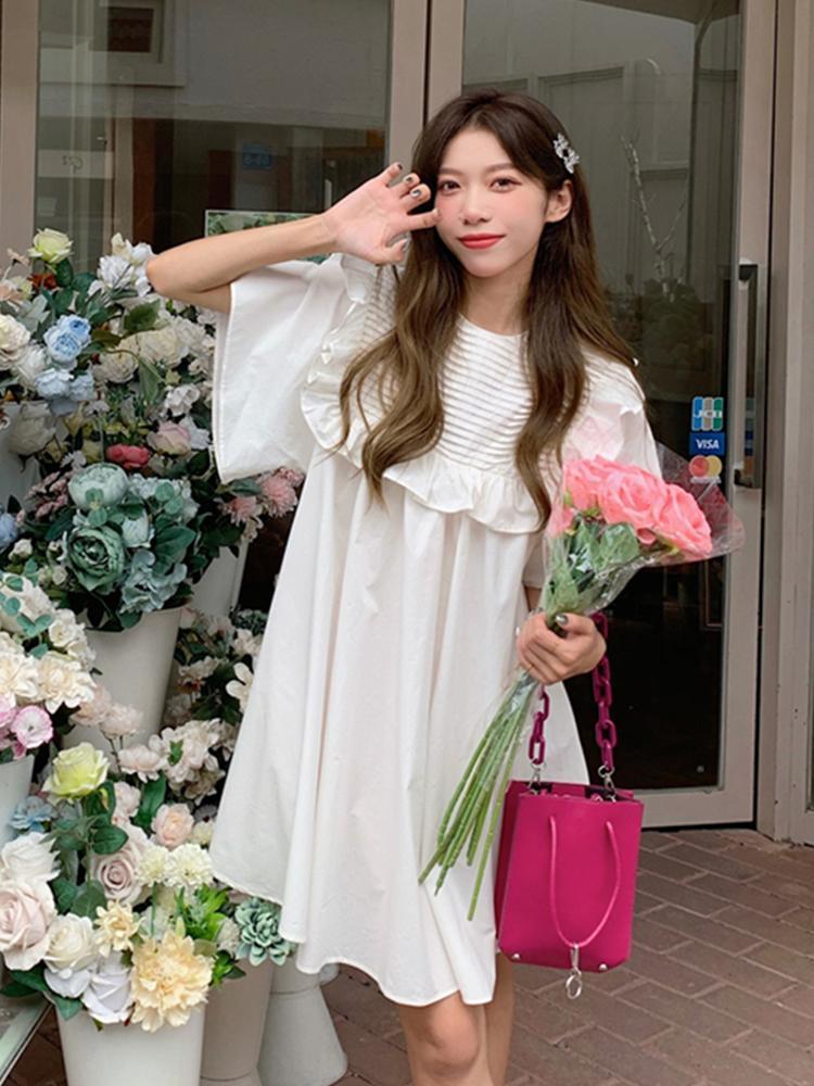 Плюс Размер Женское Платье Лето Корейский Стиль Милые Повседневные Свободные Платья С Короткими Рукавами