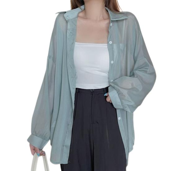 Summer Sun Protection Shirt Lapel Long Sleeve Button Down Shirt Pearlescent Chiffon Sunscreen Jacket Cover-up Outerwear