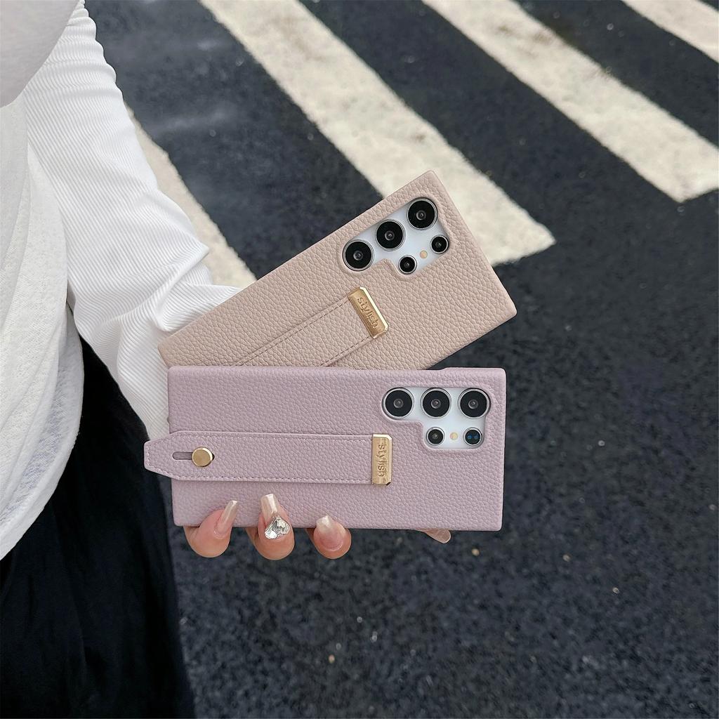 Stylish Wrist Strap Bracket Phone Case for Samsung Galaxy S25 Ultra S24 S23 S22 Plus FE Solid Color High-end PU Leather Cover