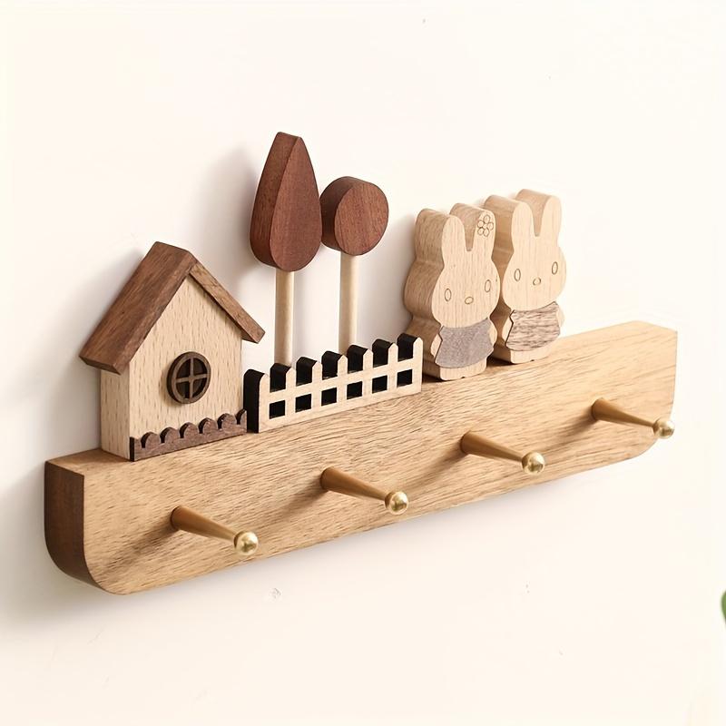A Handmade Wooden Key Hook Set with a Cute Rabbit Statue - Wall-mounted, Polished and Stylish, Perfect for Your Entrance