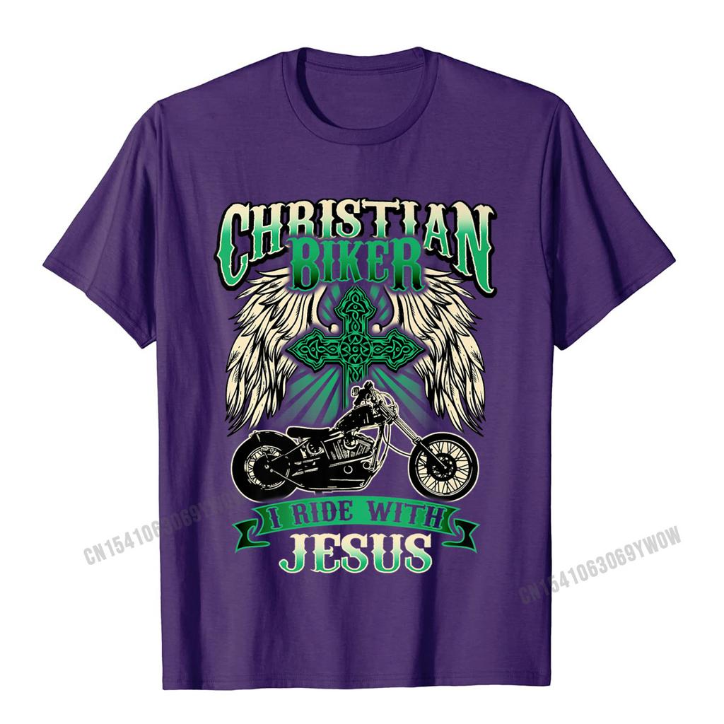Christian Biker I Ride With Jesus Religious Back Motorcycle Premium TShirt Camisas Unisex Printed Tops Shirt For Unisex Cotton