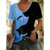 Color-blocked Printed V-neck Casual Style Women's T-shirt Streetwear Trendy Cat Pattern Top
