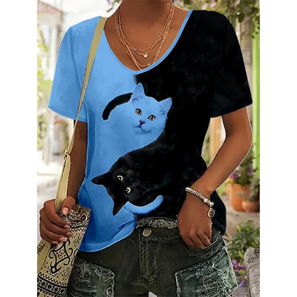 Color-blocked Printed V-neck Casual Style Women's T-shirt Streetwear Trendy Cat Pattern Top