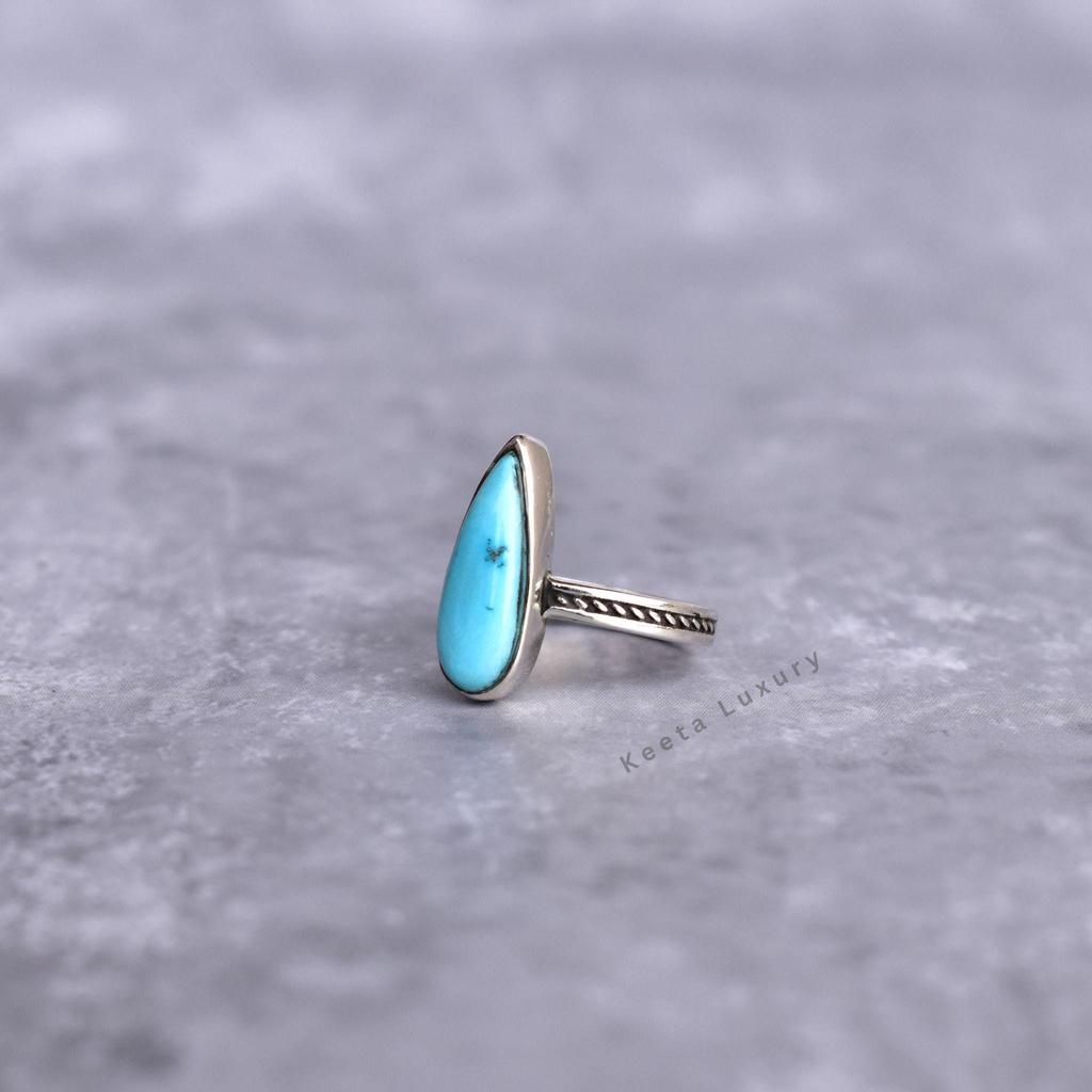 Genuine Turquoise pear ring Silver oxidized turquoise ring long drop boho ring Handmade ring for women Birthday gifts Bridesmaid gift