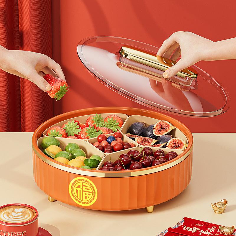 New Year'S Candy Plate Household Living Room Coffee Table Dried Fruit Storage Box Light Luxury High-End Rotating Grid Melon Seed Fruit Plate With Lid
