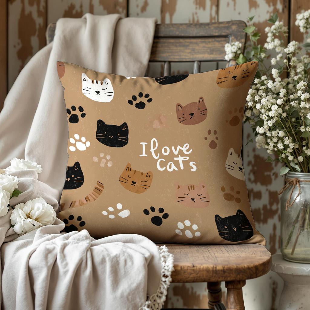 Cute I Love Cats Pillow Cover Boho Cat Paw Print Cushion Case Cozy Kitten Cat Lover Gift Home Decor