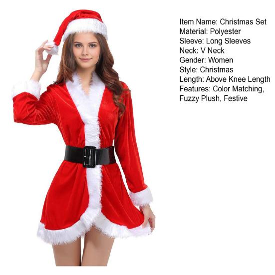 1 комплект рождественского костюма включает платье, шляпу и пояс с пушистой плюшевой отделкой для костюмированного представления Санта-Клауса