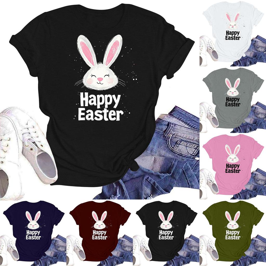 Happy Easter Women's Fashion Printed Round Neck Short Sleeve T-Shirt Pullover Top