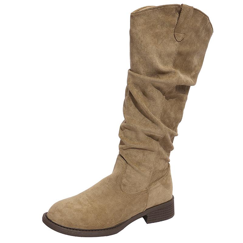 Elegant Retro Belt Buckle Boots Women's 2025 Autumn French Maillard Leather Boots Western Cowboy Fashion Boots Tide