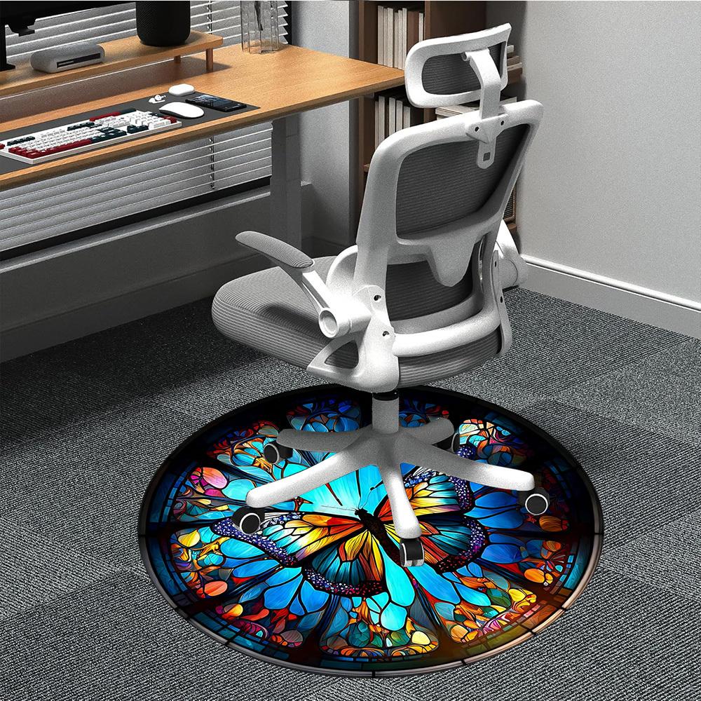 1PC Butterfly StainedGlass Office Round Area Rug, Mat Suitable ForOffice, Under Office Chairs Bedroom Living Room Home Decor, Room Deco