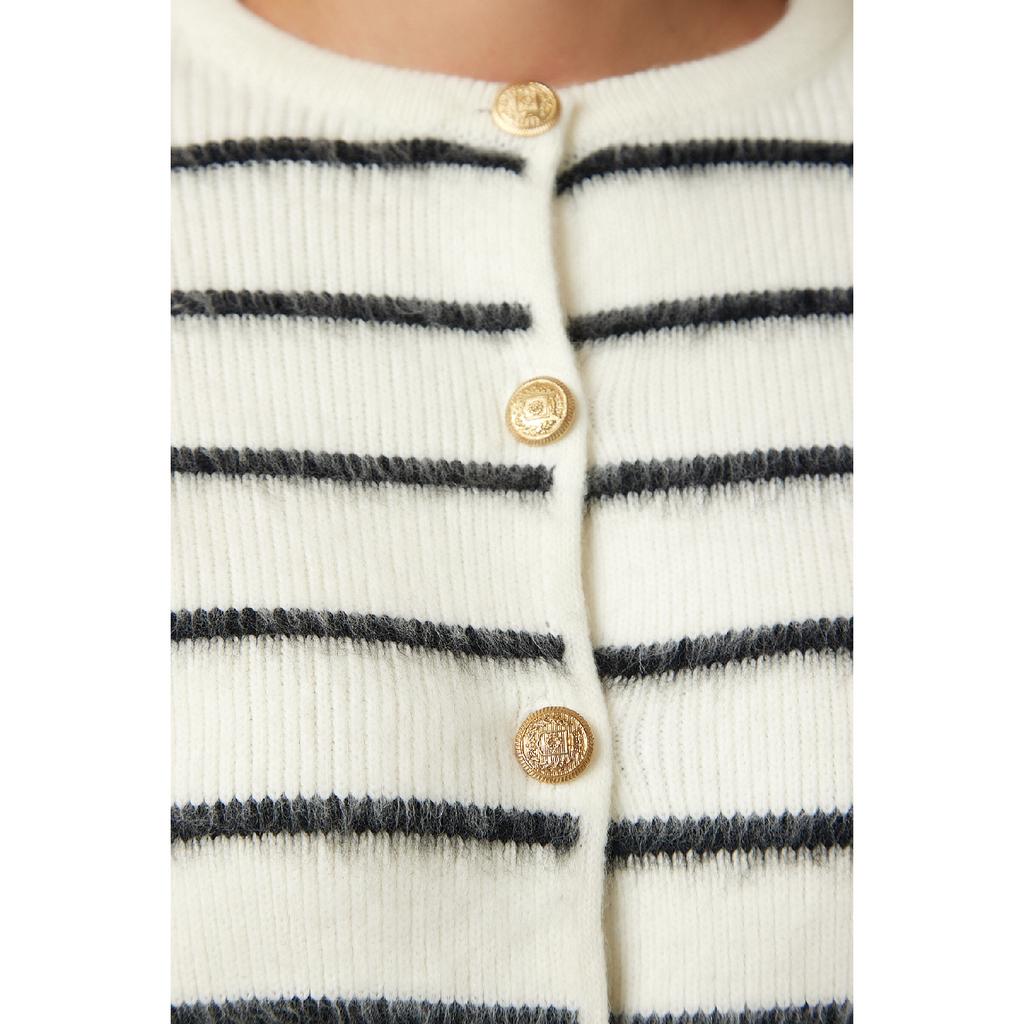 Женский костяной черный стильный трикотажный кардиган в полоску на пуговицах Pf00051