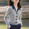 Gray Olo Neck Knitted Sweater Top Autumn and Winter New Women's Small Short Fake Two-piece Cardigan