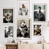 Funny Bathroom Humor Wall Decor Panda Goat Chicken Sitting On The Toilet Reading A Newspaper Poster Art Print Canvas Paintings
