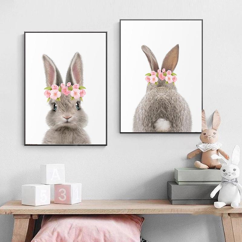 Кролик, хвост кролика, цветок, животное, скандинавское настенное искусство, холст, картина, детские постеры и принты, настенные картины, декор детской комнаты без рамки