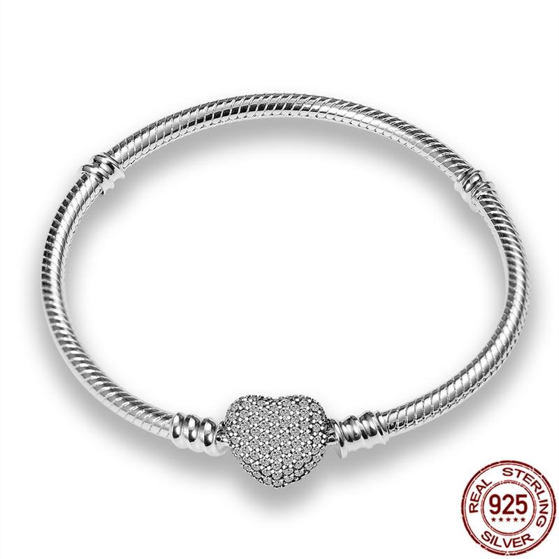 Plata Pulseras of Ley Серебро 925 пробы Распродажа Классический Браслет с Сердцем Подходит Оригинальные Бусы Подвески DIY Ювелирные Изделия Подарок Pulseras Mujer