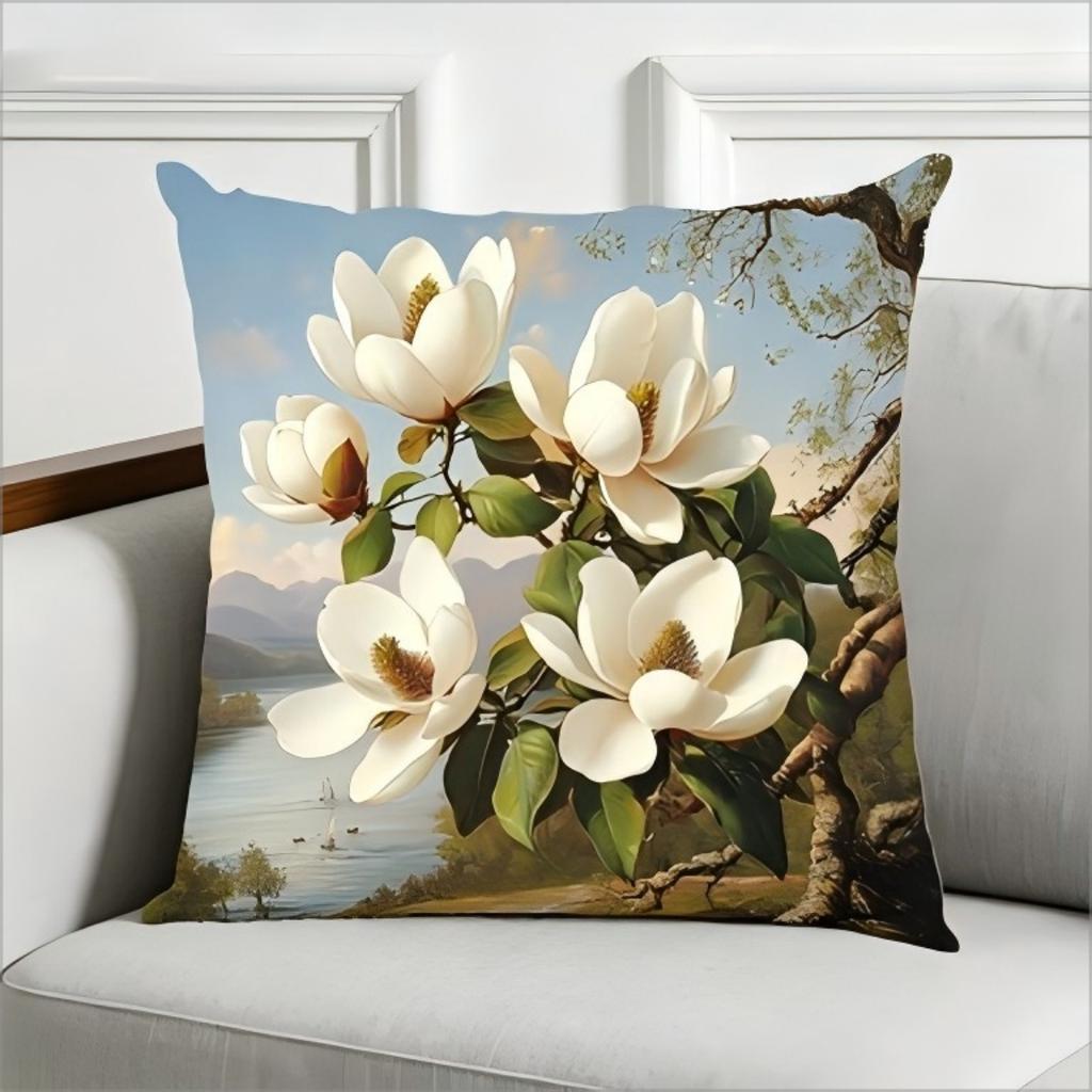 Vintage Magnolia Flower Print Throw Pillow Cover, Floral Landscape Art Decorative Cushion Case For Sofa Bedroom