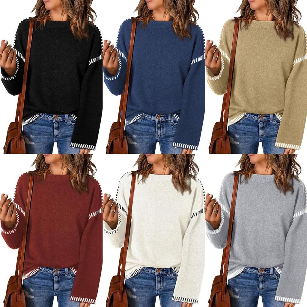 Women Sweater Elegant O-neck Long Sleeve Pollover Winter Patchwork Ladies Commuter Outwear