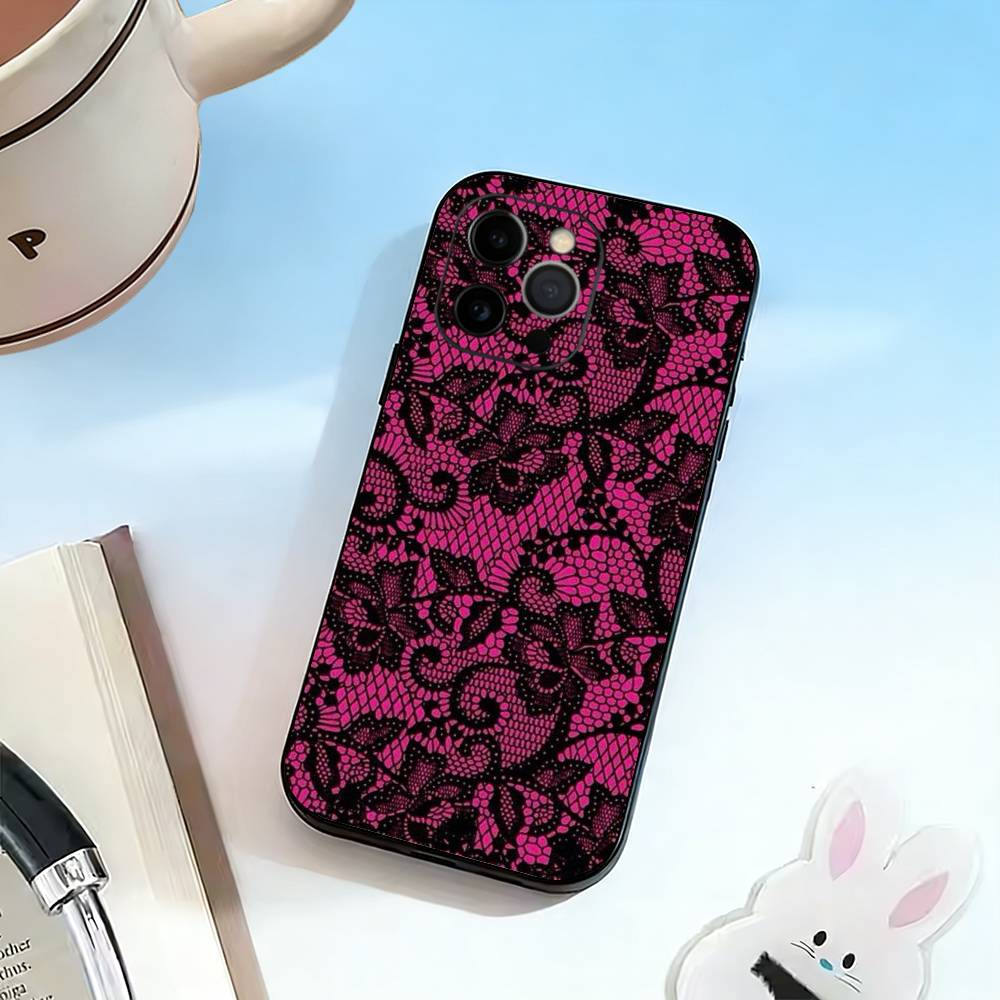 Элегантный черный дизайн с кружевным принтом Чехол для телефона Для iPhone 17,16,15,14,13,12,11 Plus,Pro Max,XS,Мягкий силиконовый черный чехол
